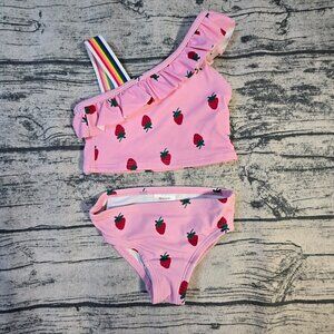 Hanna Andersson Pink Strawberry Ruffle Tankini Swim Suit Size 85 2T